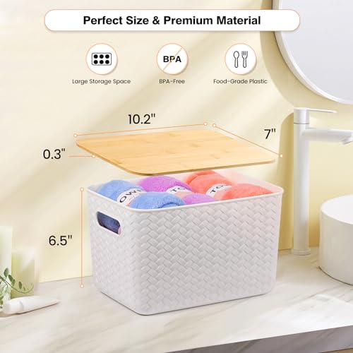 4 Packs Storage Bins with Bamboo Lids - Plastic Storage Containers with Lids Stackable Storage Box: Storage Baskets for Organizing Desktop Closet Playroom Classroom Office,White by Ohmlove - Image 2