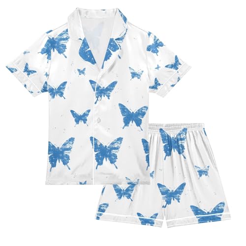 senya Cartoon Butterflies X Satin Summer Pajama Sets Silk Short Sleeve Button Down Sleepwear