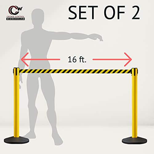 Crowd Control Warehouse CCW Series RBB-150 - Set of 2 Stanchion Retractable Belt Barriers - 16 Foot, Orange Belt with Orange Post - Easy Assembly