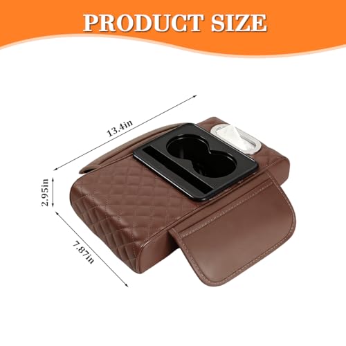 Image of Car Armrest Cushion, 5-in-1 Nappa Leather Vehicle Centre Console Cover with 2 Storage Pockets, Cup Phone & Phone Holder, Multifunctional Auto Organiser Accessories, Universal Fit (Coffee)
