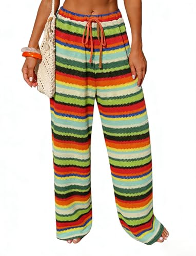 Image of ZAFUL Womens Beach Cover Up Pants Sexy Crochet Drawstring Elastic Boho Swimsuit Cover Up Long Pants Beach Wear