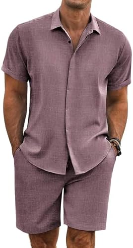 COOFANDY Men's Summer Beach Outfits 2 Piece Short Sleeve Shirts and Shorts Vacation Texture Linen Sets for Men