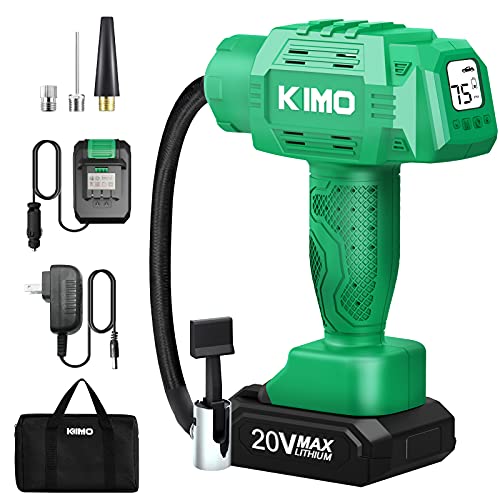KIMO Portable Air Compressor, 20V 145PSI Tire Inflator w/ 1-Min Fast Tire Inflation, Li-ion Battery & Car Power Adapter, Auto Shutoff Tire Pump with Digital Pressure Gauge for Inflatables & Car Bike