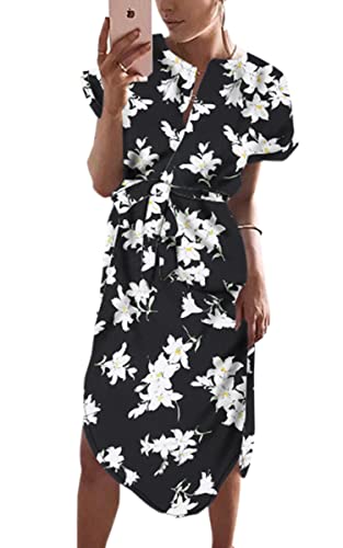 ECOWISH Sommerkleider Damen Kurzarm V-Ausschnitt Strand Blumen Kleider Abendkleid Knielang