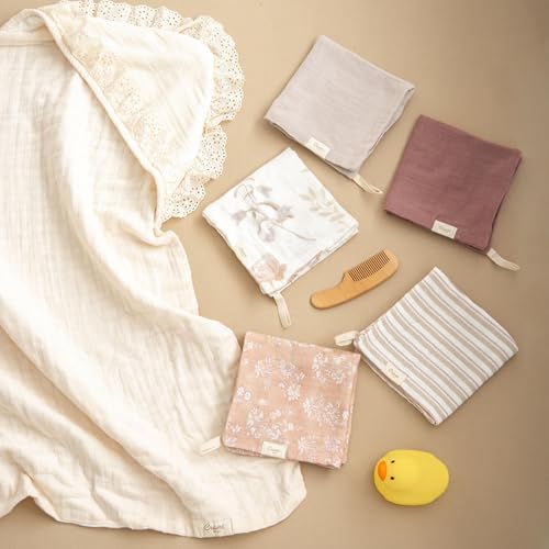 Image of Crane Baby Violet Wildflower Cotton Baby Washcloths, 100% Cotton Muslin Set of 5, Soft Baby Wash Cloths for Newborn Bath Essentials, Infant Face Cloths, Shower Gift For Babies, Newborn Bath Essentials