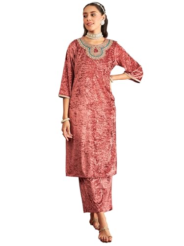 Image of Women's Velvet Floral Embroidered Straight Kurta | Round Neck Three-Quarter Sleeve Calf Length Kurti with Thread Work