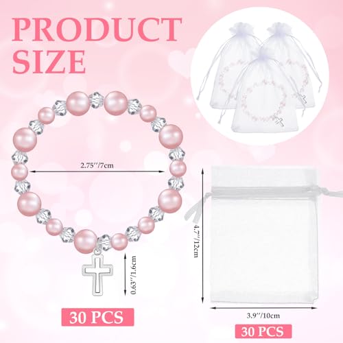 Sasylvia 60 Pcs Baptism Favors Set for Girls Include 30 Pearl Bracelets with Crucifix 30 Organza Bags Religious Catholic Stretch Bracelets for First Communion Baptism Party(Pink) by Sasylvia - Image 2