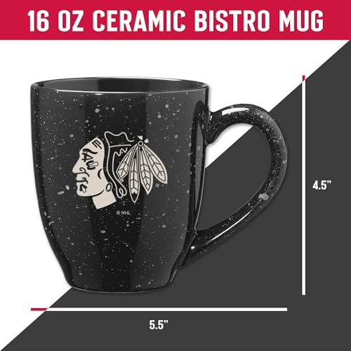 Image of Rico Industries NHL Hockey Chicago Blackhawks Black Personalized 16 oz Team Color Laser Engraved Speckled Ceramic Coffee Mug