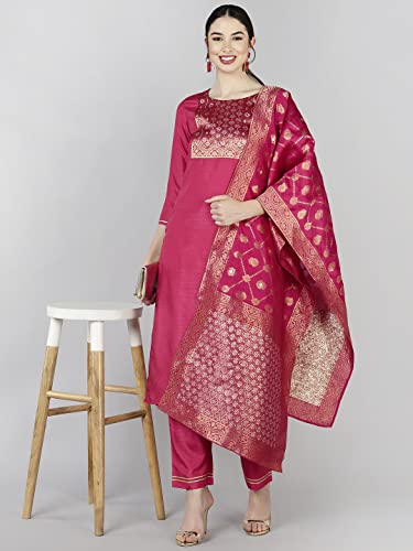 Image of Vaamsi Women's Poly Silk Solid Yoke Design Straight Kurta Set With Dupatta