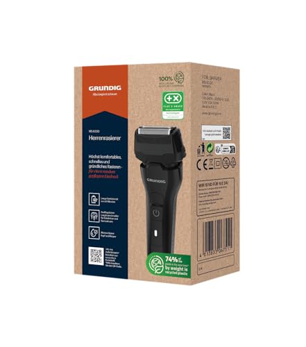 GRUNDIG MS 6330 Herrenrasierer, 60 Min Betriebszeit, Ausklappbarer Langhaarschneider, 3-fach Schneidsystem, Gehäuse aus 74% recyceltem Kunststoff, Weltweite Nutzung, Schwarz