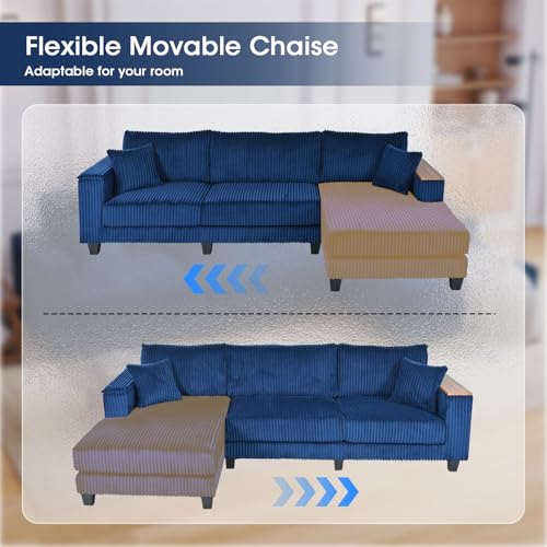 Image of 114.5 inch Corduroy Couch Sectional with Reversible Chaise with 2 Pillows Oversized Couch L Shaped Sofa with Two Armrests Hidden Storage Space Sectional Couches for Living Room Blue