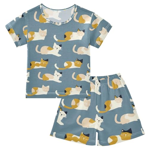 ALAZA Lovely Blue Cat Kitten Pajamas Set Short Sleeve Cotton Sleepwear Summer Pjs 2 Piece 5-14Y