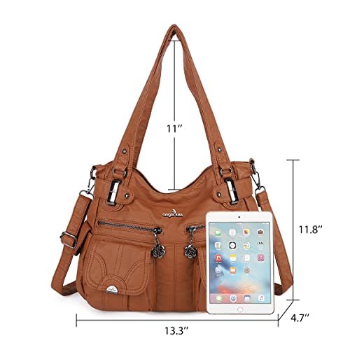 Angelkiss Women's Designer Handbag Large Double Zipper Multi Pocket Washed Leather Purse2