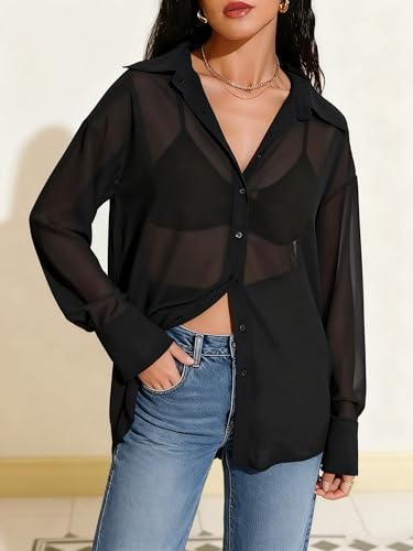 Prettywear Women Sheer Long Sleeve Tops See Through Mesh Oversized Blouses Sexy Trendy Button Down Shirts Tunic