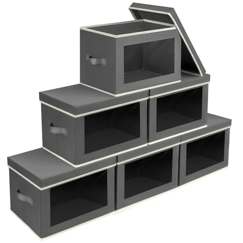 Image of Homsorout Stackable Storage Bins with Lids - Large Storage Box with Lids, Foldable Closet Boxes for Organizing, Wardrobe Clothes Organizer with Window, Cubes Bins for Living Room, 6 Pack, Dark Grey