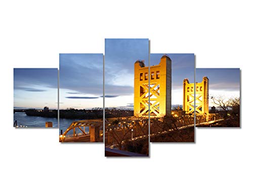 TUMOVO 5 Piece Canvas Wall Art - The Tower Bridge Crosses the Sacramento River in the Heart of Downtown Sacramento, California - Modern Home Decor Stretched and Framed Ready to Hang - 60" Wx32 H
