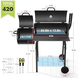 Hasteel charcoal grill with offset smoker outdoor barrel bbq grill camping barbecue grill for patio backyard garden party picnic large 420sqin cooking area 2 screwdrivers 6 hooks black  urban country home decor