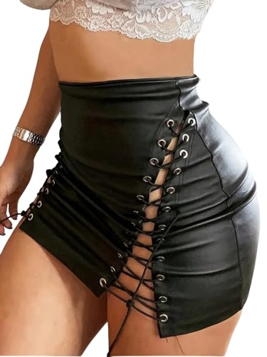 Floerns Women's High Waist Leather Mini Skirt Lace Up Side Night Out Bodycon Skirts