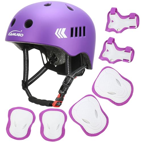 Kamugo Equipo de Protección Ajustable para Niños - Casco, Rodilleras, Coderas, Guantes, Compatible con Bicicleta, Skateboard, monopatín y Otros Deportes Extremos