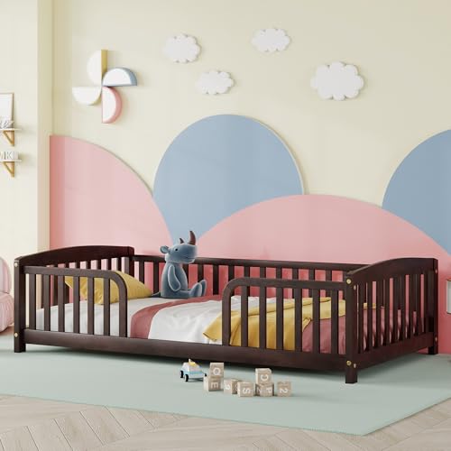 Image of Bellemave Twin Size Montessori Floor Bed Frame with High Fence, Solid Wood Kids Floor Bed with Central Entrance, Low Profile Bed for Boys & Girls, Rounded Corner Design,Espresso