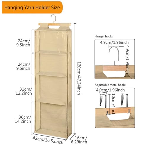Image of KSORUSL Hanging Yarn Storage Organizer with 4 Large Pockets, Hanging Yarn Holder with Over-Door Hook for Knitting Needles Crochet Hooks, Clear Crochet Storage Bag with Zipper for Crochet Lovers