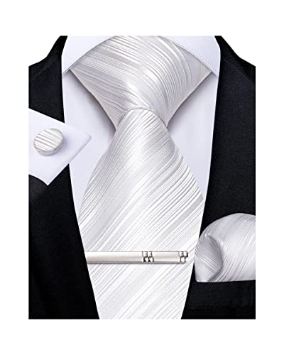 DiBanGu Cravate à rayures en soie pour homme avec boutons de manchette carrés et pince à cravate, Argent massif, taille unique