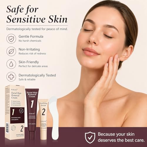 Image of Gentle Facial Hair Removal Kit for Women - 5 Min Painless Upper Lip & Chin Hair Remover - 1.69 + 0.51 FL Oz Depilatory & Soothing Cream - Safe for Sensitive Skin, Long-Lasting Smoothness
