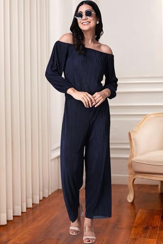 Image of POPWINGS Casual Wrinkle Full Sleeves Off-Shoulder Top and Palazzo Co-ord Set for Women || Co-Ords Set for Women Stylish Western || Top and Palazzos Set for Women|| 2 Piece Set for Women