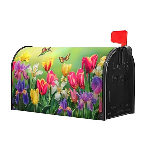 Image of Easter Floral Mailbox Cover Magnetic, Tulip Lily Flowers Mailbox Wrap, 21 inchx18 inch Spring Summer Standard Size Waterproof Letter Post Cover for Yard Garden Outdoor Outside Decoration