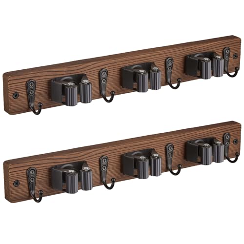 OUTNILI 2 Pack Mop Broom Holder Wall Mount with 3 Slots & 4 Hooks - Rustic Wood Broom Mop Hanger for Pantry Kitchen Organization - Garden Tool Organizer for Closet Laundry Room
