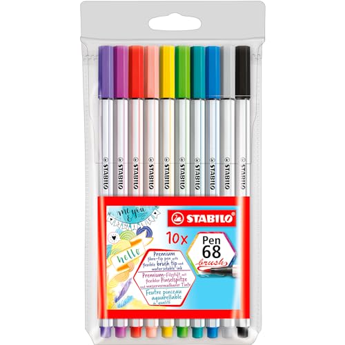 Caneta Stabilo Pen 68 Brush, Multicor, Estojo com 10 unidades