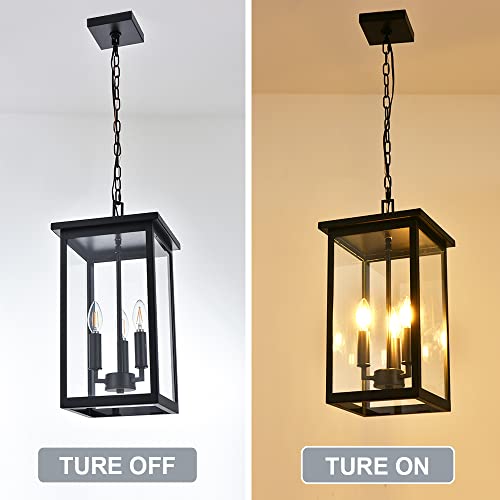 Winshen Black Outdoor Pendant Lanern, E12 Candle Chandelier 3-Lights Large Exterior Hanging Light Fixture With Clear Glass Height Adjustable For Indoor Entryway Porch #TOP5
