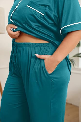 Image of Vozanet Women's Plus Size Pajamas Button Down Shirt and Pants Soft Lounge Sets Bride Nighty Bottom with Pockets 1x to 5x