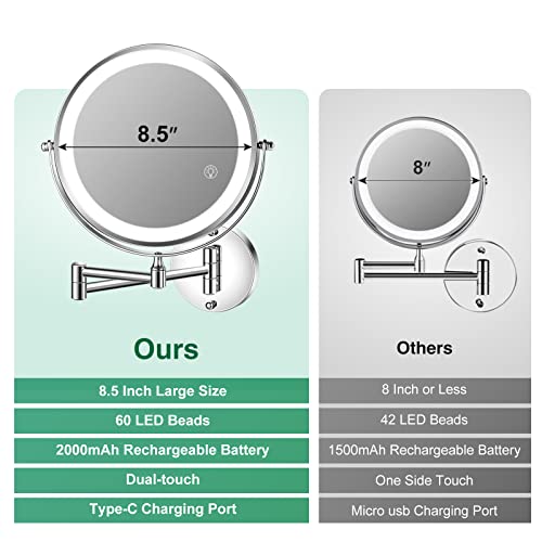 Greenfrom 8.5 Inch Rechargeable Wall Mounted Lighted Makeup Mirror, Double-Sided 1X/10X Led Magnifying Vanity Mirror With Lights, 3 Color Lights Touch Screen Dimmable 360°Swivel 18 Inch Extendable #TOP5