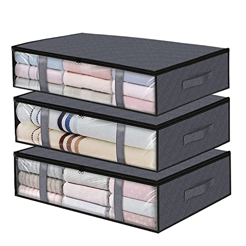 UPhitnis 3 Stück Unterbett Aufbewahrungsbox - Unterbettkommode mit Sichtfenster & Reißverschluss & Griffen - Faltbare Bettkasten Aufbewahrungstasche für Bettdecken/Kleidung/Bettzeug/Decken 60x45x15cm Cover