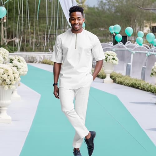 DBQ Men's 2 Pieces Cotton Embroidery Short Sleeve Shirts and Pants Set African Clothes with Pockets2