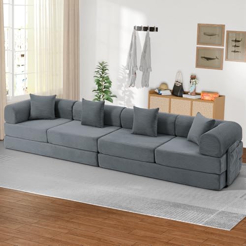 Image of 141.73'' U-Shaped Sectional Sofa Bed, 6-in-1 Modular Corduroy Couch with Soft Cloud-Like Feel, Removable Storage Bag, Anti-Pilling Fabric, Tool-Free Assembly, for Living Room, Grey