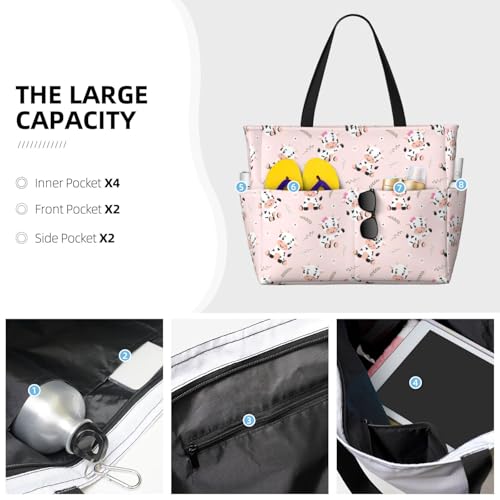 Large Beach Bags Water-resistant Sandproof - Casual Cute Cow Flower Leaves Cute Beach Tote Bags for Women with Zipper3