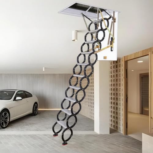 Mofgoe Escalera de ático de Pared de 590 kg, retráctil y Plegable con Sistema desplegable, de aleación de Acero, para desván, Garaje, Sala de Estar y Patio.,Negro,27 * 35In