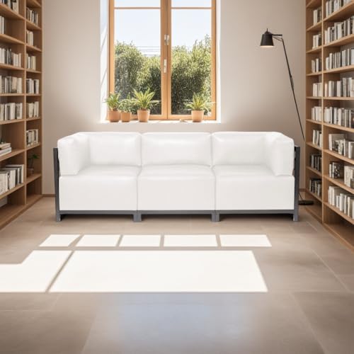 Image of Howard Elliott Collection Axis 4-Piece Modular Sectional Sofa with Cover, Convertible Cushioned Sofa with Wide Chaise for Indoor or Outdoor Living Room or Office, Titanium Frame, Avanti White