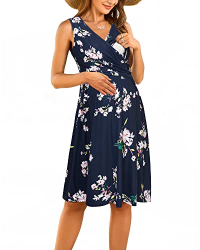 OUGES Womens V-Neck Sleeveless Summer Floral Maternity Dresses Nursing Gown Breastfeeding Dress(Floral15,M)