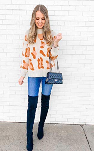 Angashion Women's Sweaters Casual Oversized Leopard Printed Crew Neck Long Sleeve Knitted Pullover Tops For Winter Beige L #TOP2
