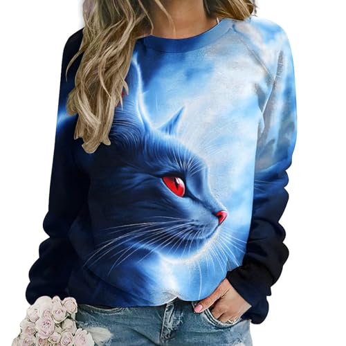 GZFKELIOI Womens Funny Cat Print Graphic Crewneck Sweatshirts Casual Soft Oversized Long Sleeve Shirt Pullover Blouses,Blue Red Eye Cat,2XL