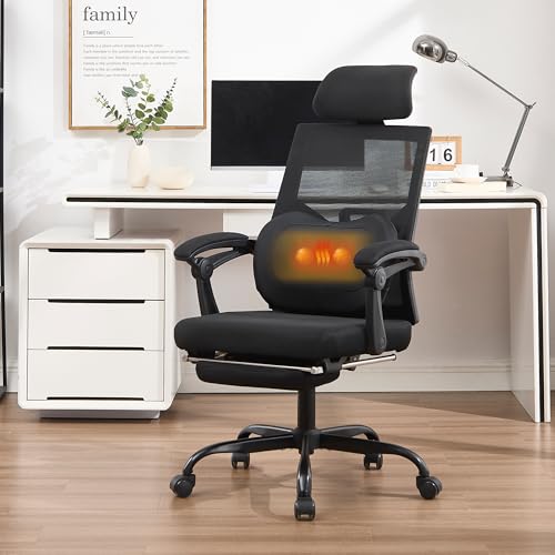 Qulomvs Ergonomic Office Chair with Massage&Heated Lumbar Support, Kneading Massage Office Chair with Foot Rest, Reclining Home Office Desk Chair Adjustable Mesh Computer Desk Chair with Wheels