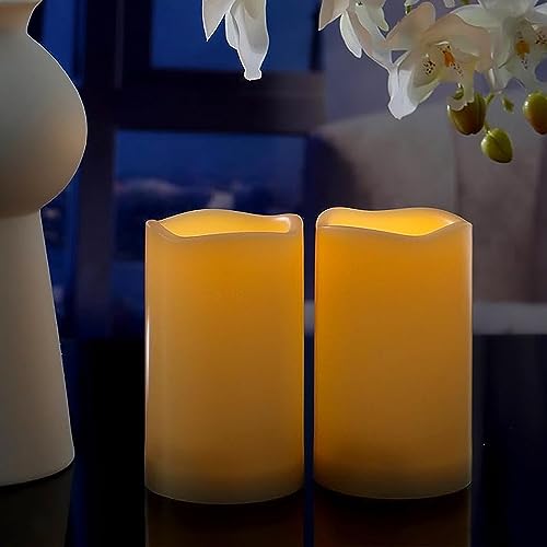 Image of 2 Pack 5'' Outdoor Battery Operated Candles with Timer Flameless LED Flickering Candles Waterproof Electric Pillar Decorative Candle for Wedding Party Home Lantern Garden