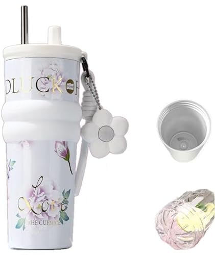 QeMiyg限定デザイン|710 ML大容量セラミック内胆繁花ボトル|女神モデルお茶分離ボール付きステンレス製伸縮ピペット付き軽量平底カップLeisure Blue Breeze (セラミック内胆【710mL】+茶葉分離球,ホワイト)