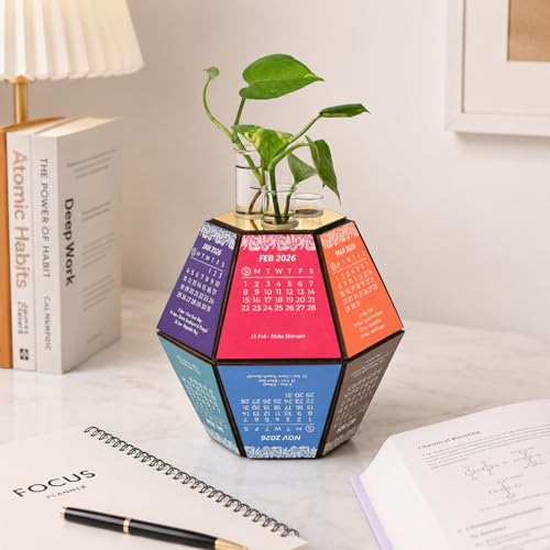 Image of Gift Kya De 2026 Desk Calendar with Hexagon Planter | Wooden 3D Pentagonal Table Calendar Big Size | Colourful Monthly Display | Premium Office Desk Decorative Item & Corporate Gift | Unique Table Decor