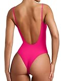 REORIA Womens Summer Sexy Open Back V Neck Spaghetti Strap Cami Double Lined Backless Trendy Thong Bodysuit Top Neon Rose Red Small