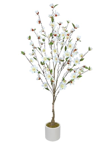 Fairblo 5FT Artificial Magnolia Tree Tall Fake Plant Outdoor in White Planter Pot - Faux Trees...