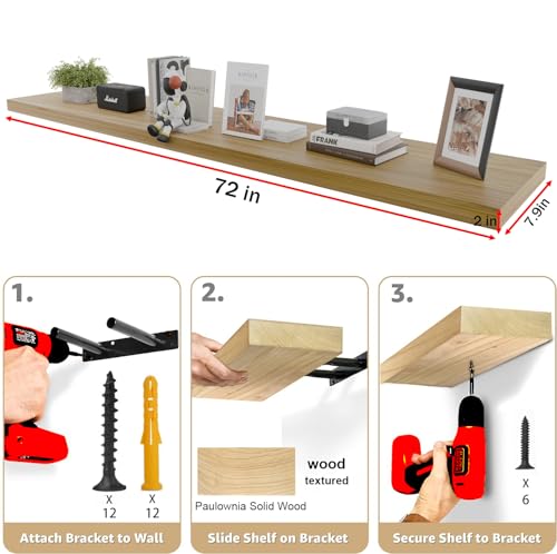 Image of IAE Floating Wall Shelves 72 inch,Bathroom Shelf Wall Mounted,Invisible Shelf Floating Kitchen Shelves,Wooden wall Shelving with Brackets for Living Room wall Mounted,Easy Install,Set of 2,Natural